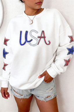 White Sequin USA Star Patched Sleeve Relaxed Sweatshirt