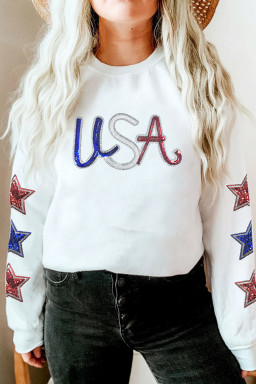 White Sequin USA Star Patched Sleeve Relaxed Sweatshirt