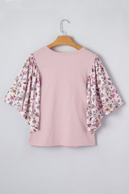 Pink Contrast Floral Patched Flowy Half Sleeve Blouse