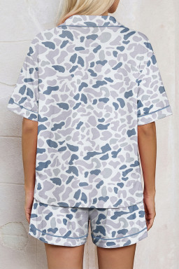 Beige Camouflage Print Lapel Shirt Drawstring 2pcs Short Pajama Set