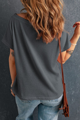Dark Grey Waffle Knit Boat Neck Short Sleeve Top