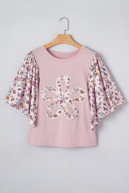 Pink Contrast Floral Patched Flowy Half Sleeve Blouse