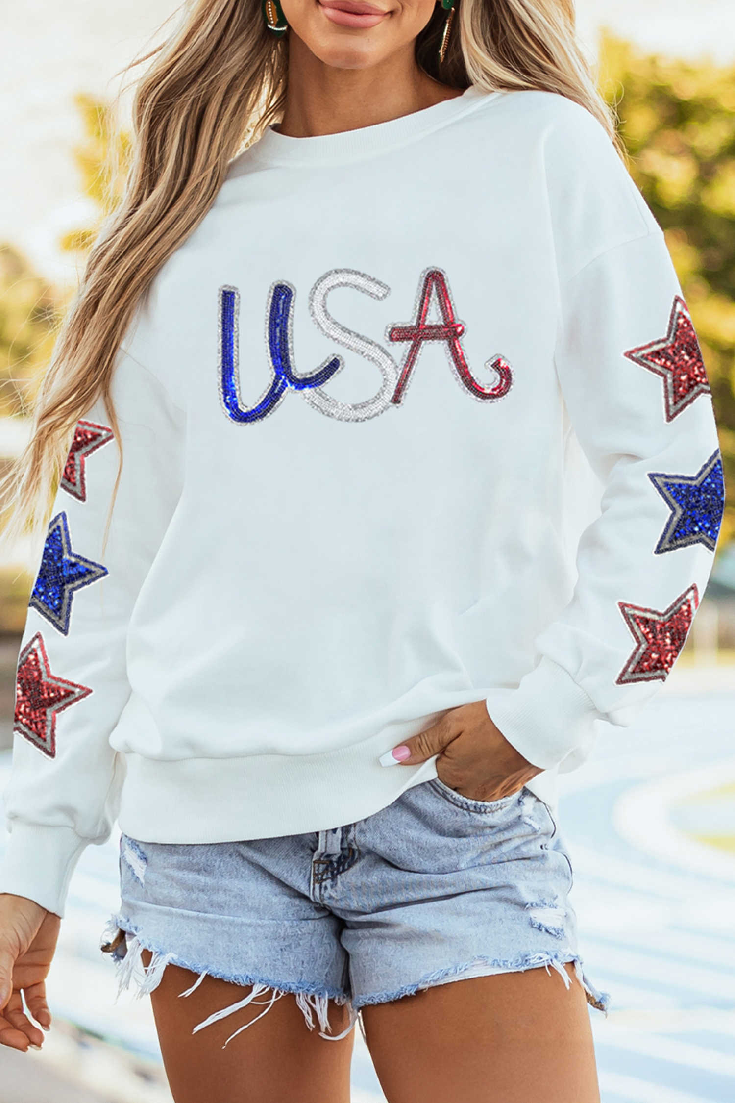 White Sequin USA Star Patched Sleeve Relaxed Sweatshirt