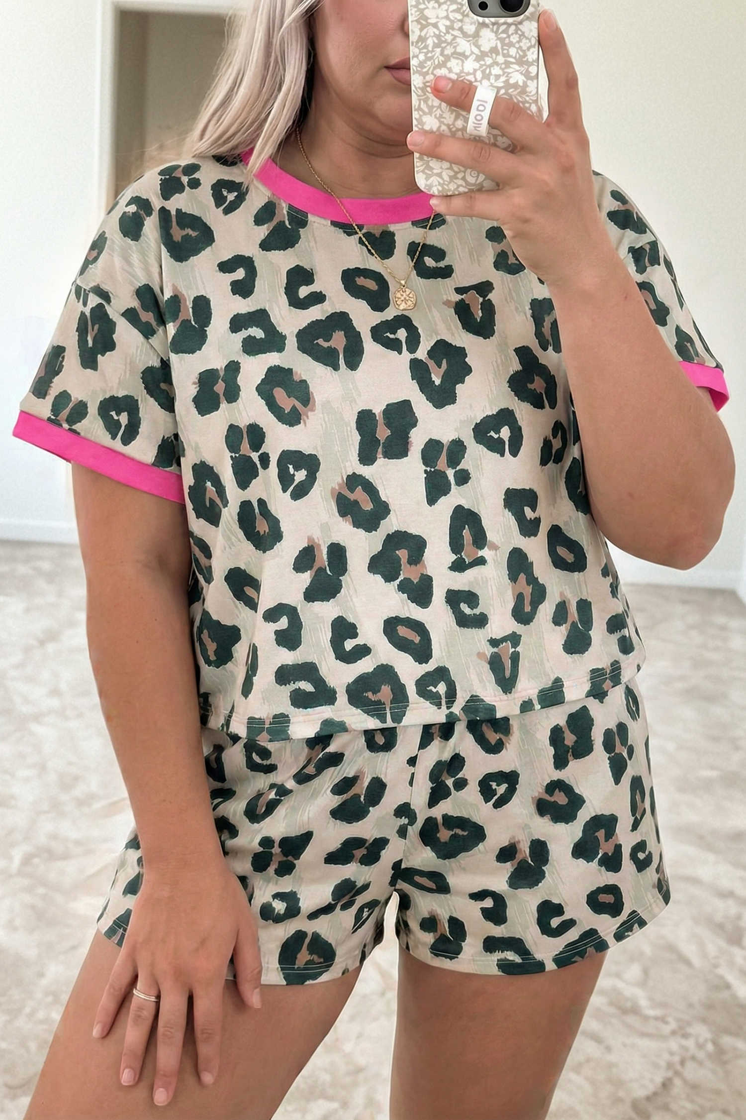 Brown Plus Size Leopard Color Block Trim Short 2pcs Set