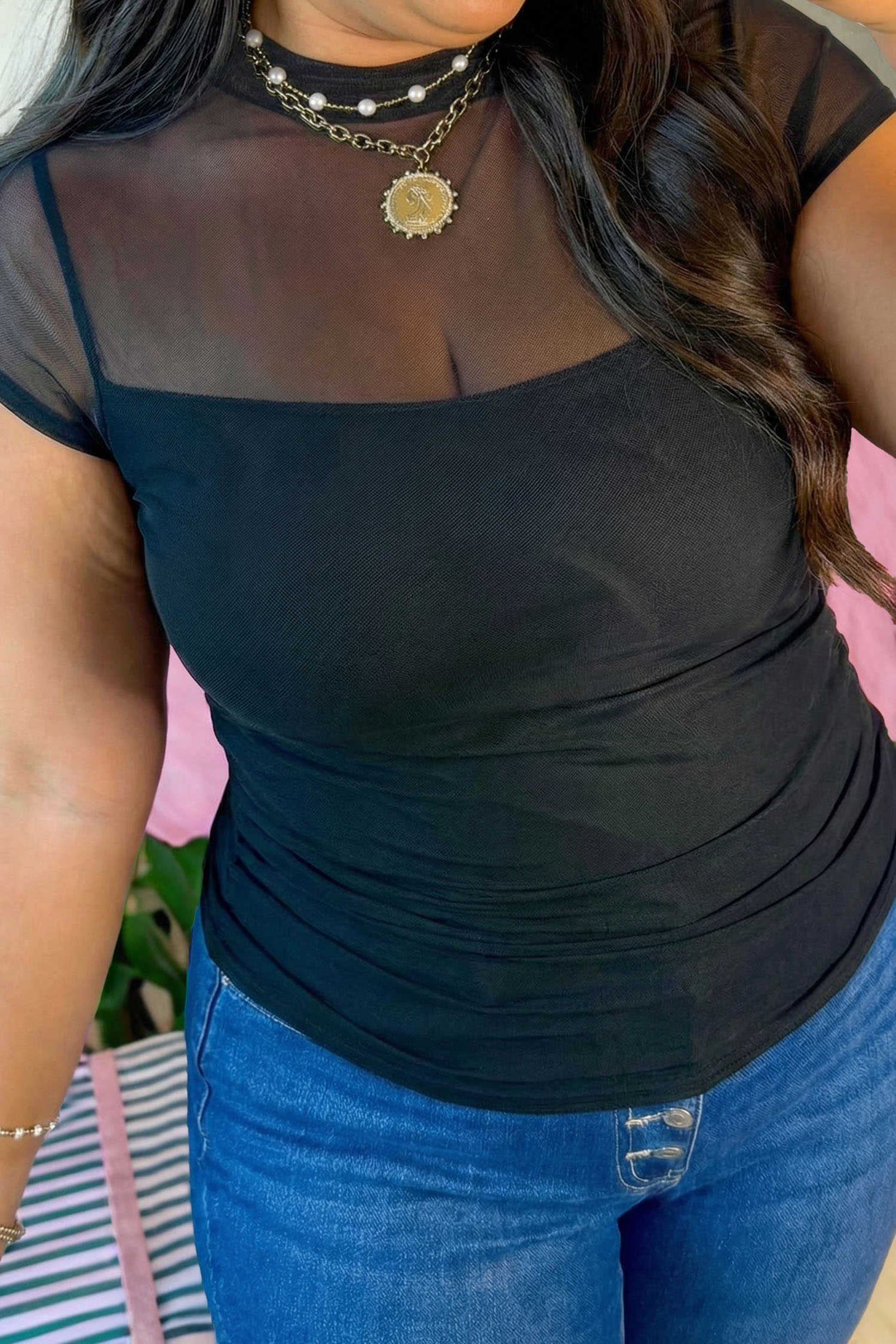 Black Sheer Mesh Insert Plus Size T Shirt