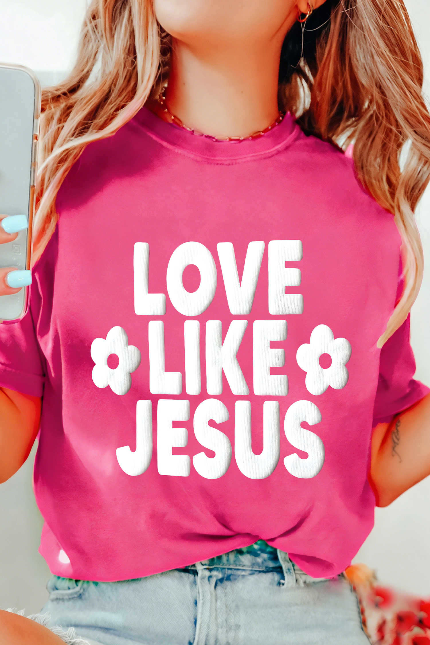 Rose Red LOVE LIKE JESUS Flower Printed T Shirt