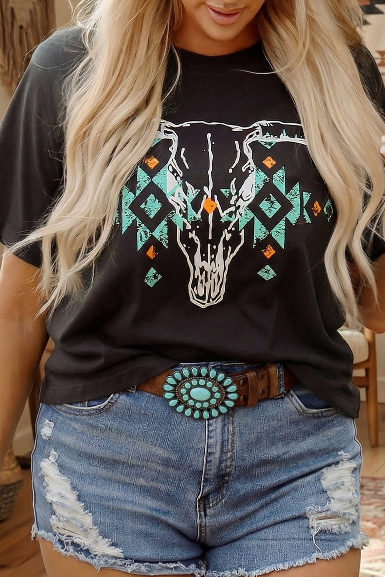 Carbon Grey Plus Size Western Aztec Bull Skull Printed T Shirt
