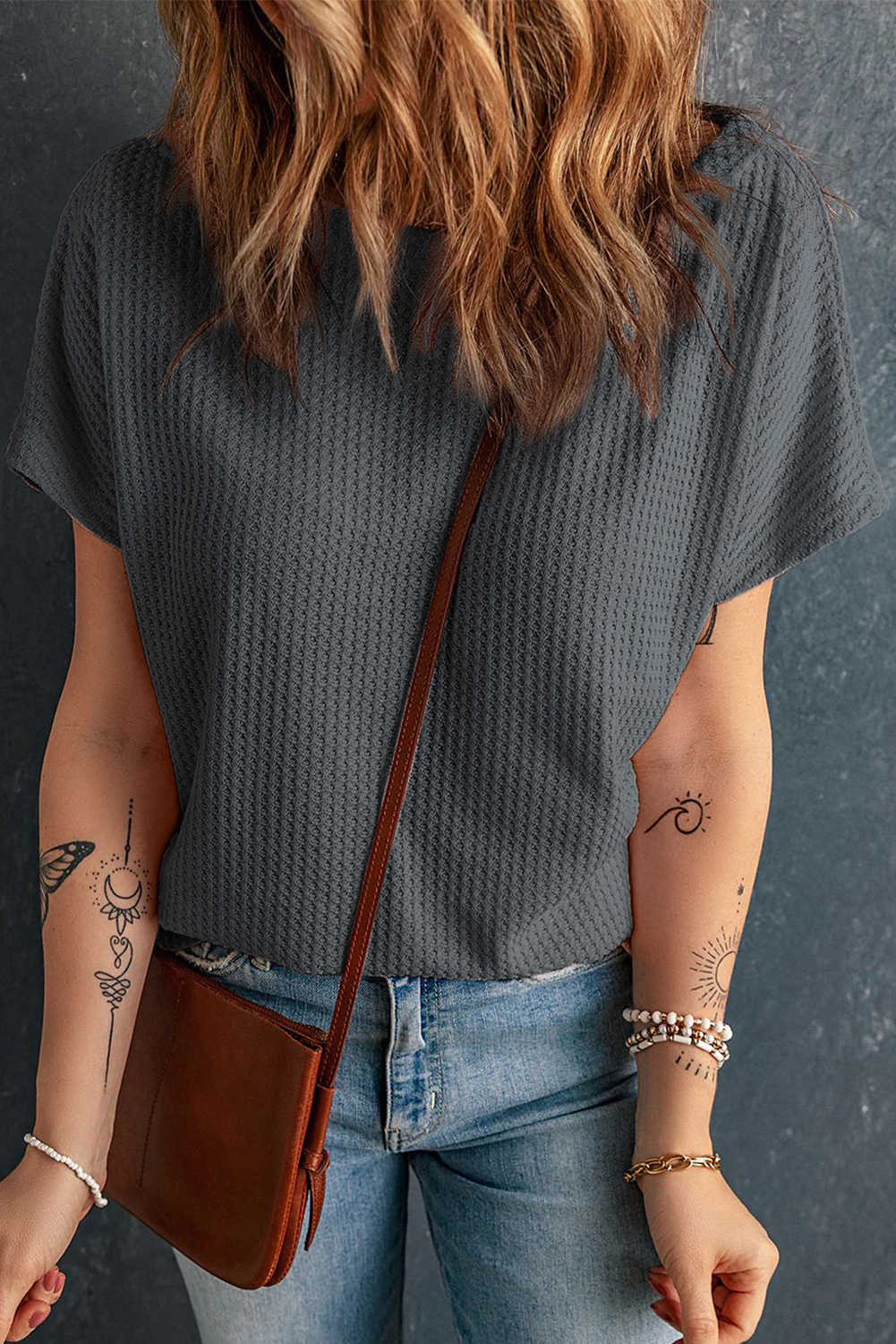 Dark Grey Waffle Knit Boat Neck Short Sleeve Top