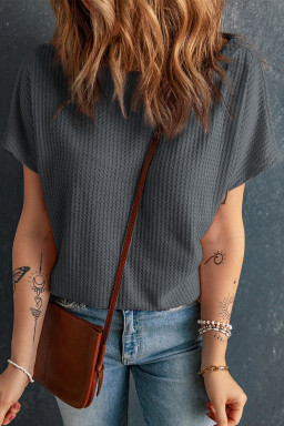 Dark Grey Waffle Knit Boat Neck Short Sleeve Top
