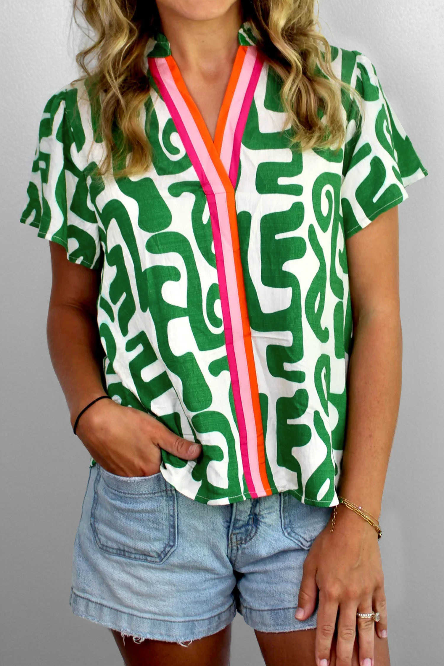Green Abstract Print Striped Trim V Neck Short Sleeve Blouse