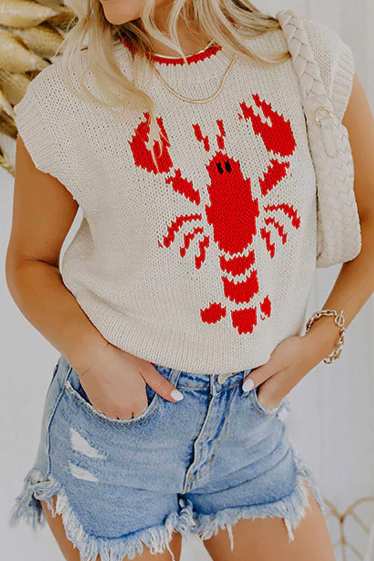 Red Crawfish Pattern Loose Sweater Vest