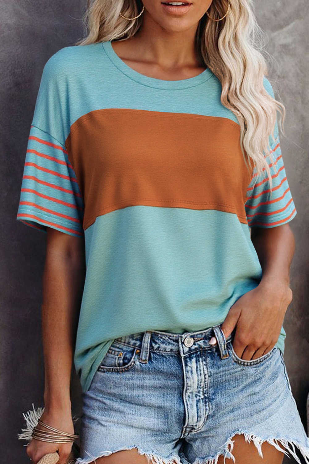 Mint Green Color Block Striped Detail Loose T Shirt
