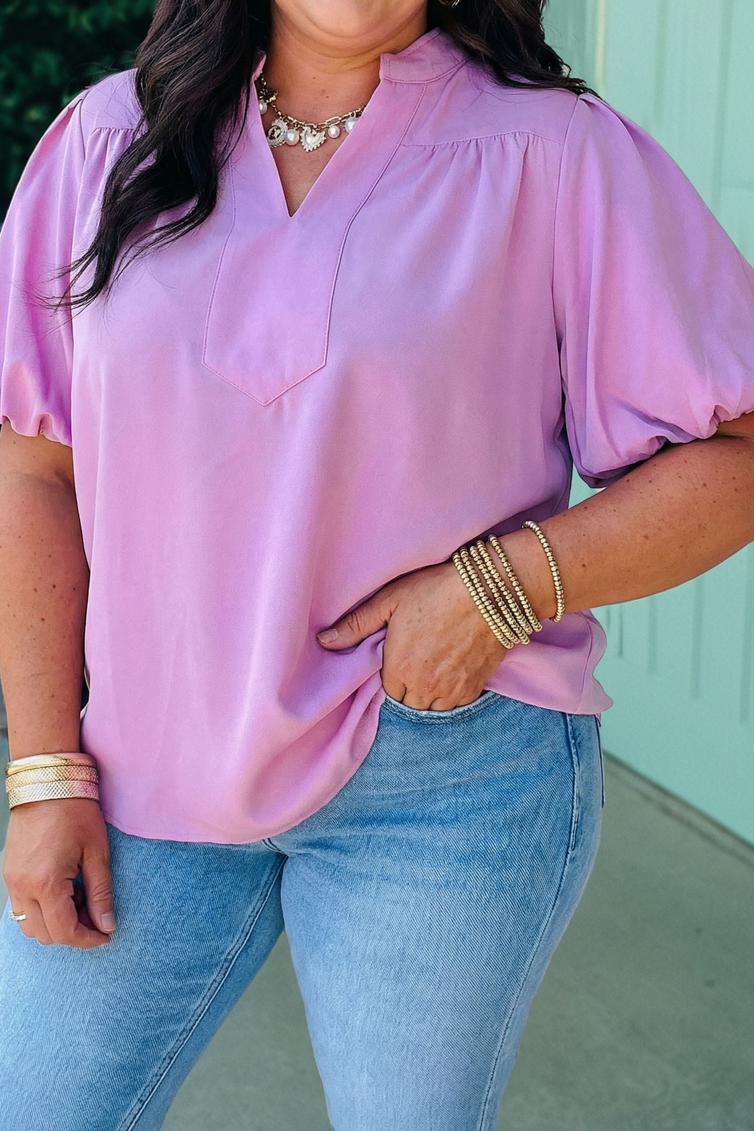 Phalaenopsis Plus Size Notched Neck Short Puff Sleeve Top