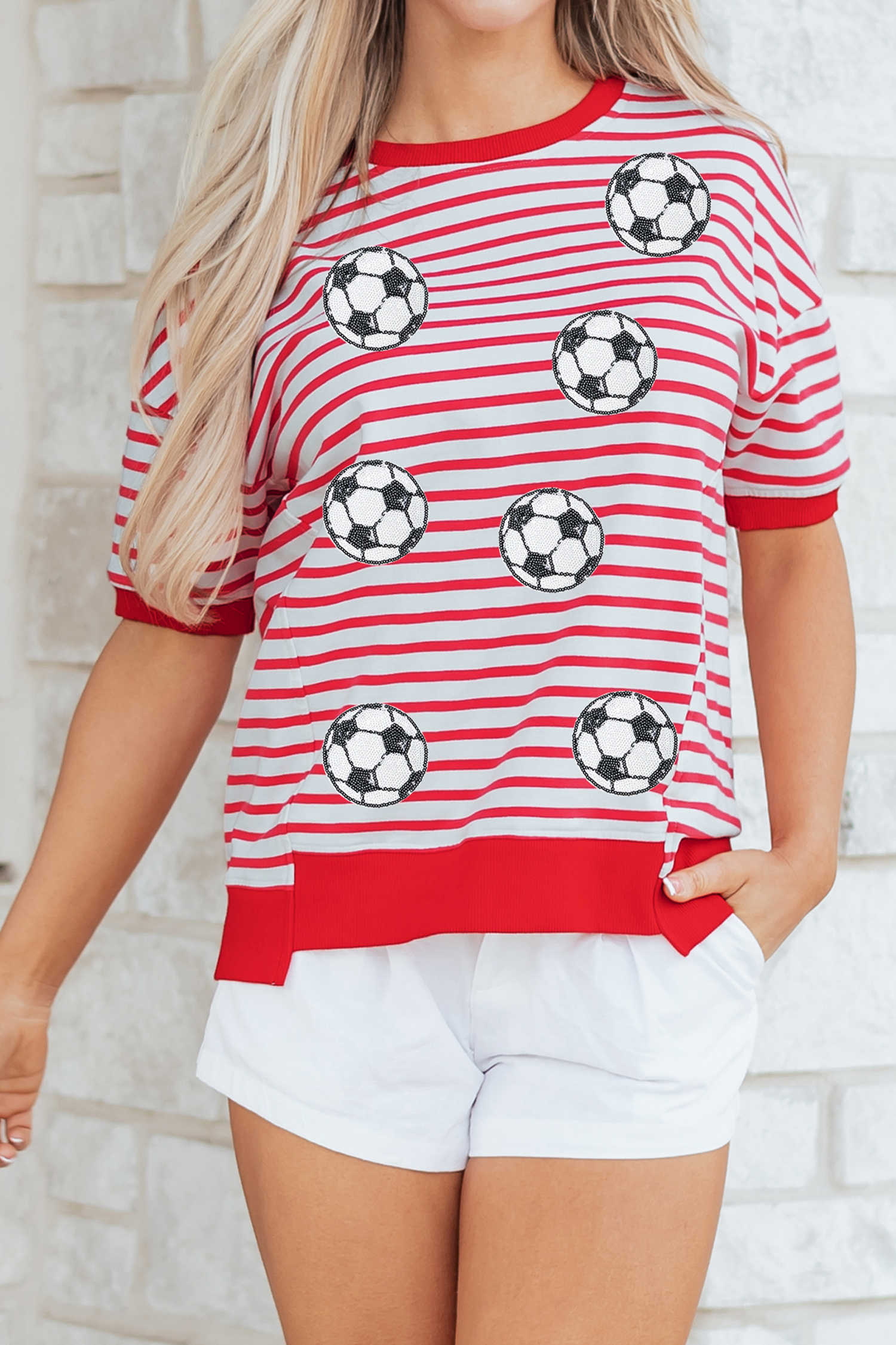 Red Stripe Sequin Soccer Football Graphic High-Low Hem T Shirt