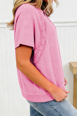 Pink Raw Cut Notched Neck Lace Patchwork Detail Mineral Wash Tee