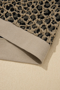Beige Ribbed Patchwork Collar Cuffed Sleeve Leopard Plus Top