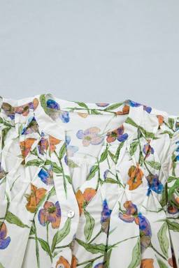 Green Floral Print Ruffle V-Neck Pressed Pleats Binding Tape Cotton Blouse
