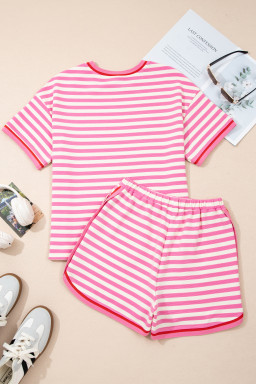 Pink Stripe Contrast Trim Short Sleeve Top Loose Shorts 2pcs Casual Outfit