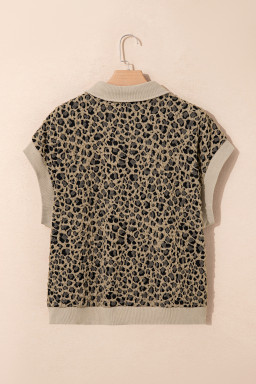 Beige Ribbed Patchwork Collar Cuffed Sleeve Leopard Plus Top