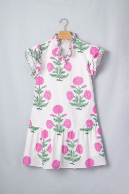 White Wild Floral Print Scalloped Embroidery Trim V Neck Drop Waist Mini Dress