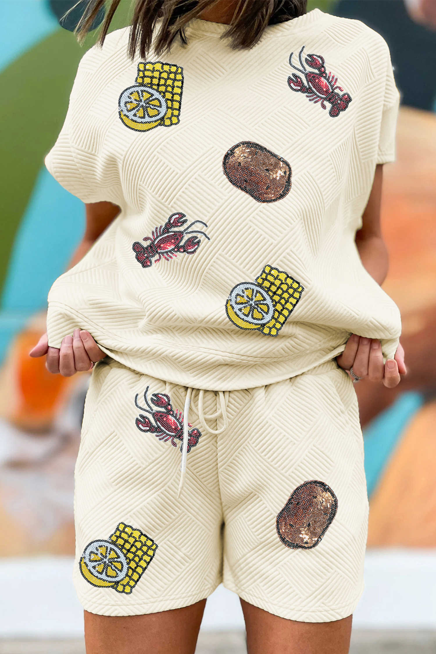 Apricot Stylish Textured Sequin Crawfish Potato Lemon Corn Graphic Set