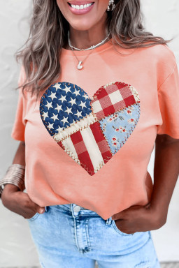 Pink Patriotic Heart DTG Faux Patchwork Printed Tee