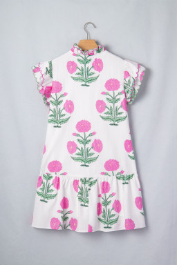 White Wild Floral Print Scalloped Embroidery Trim V Neck Drop Waist Mini Dress