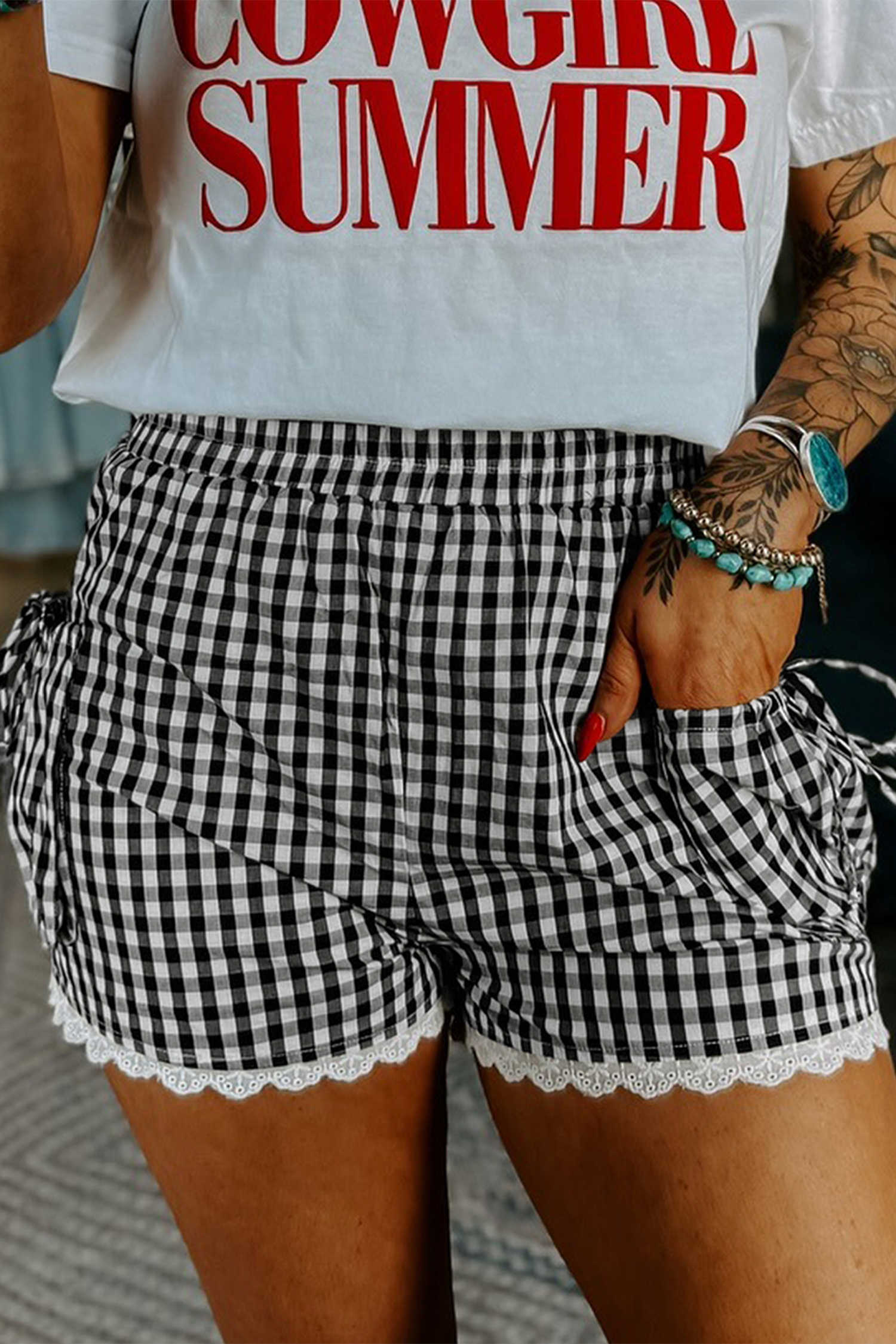 Black Gingham Lace Trim Shorts with Pouch Pockets