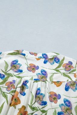 Green Floral Print Ruffle V-Neck Pressed Pleats Binding Tape Cotton Blouse