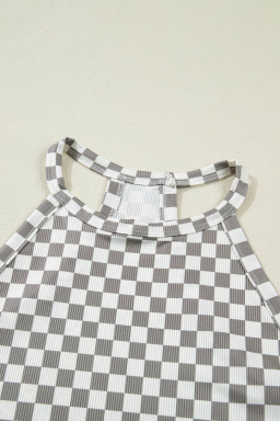 Gray Checkered Print Textured Halter Tank Top