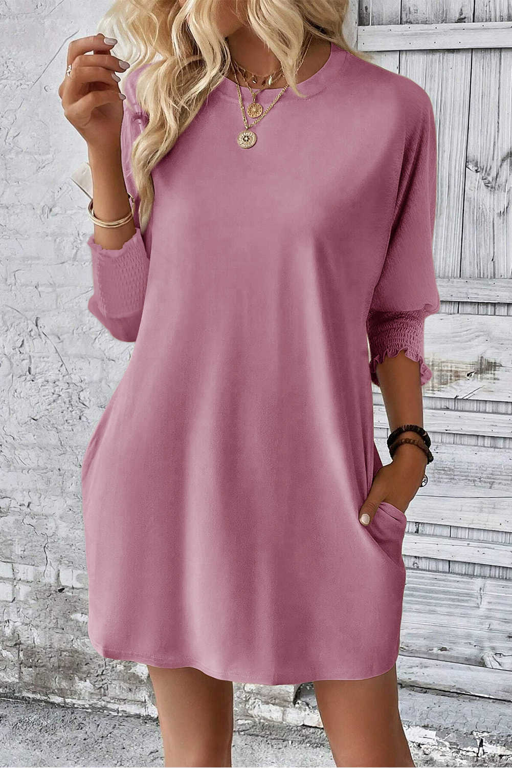 Pink Shirred Cuff 3/4 Sleeve T Shirt Mini Dress