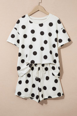 Black Polka Dot Print Loose Tee Drawstring Elastic Waist Short Set