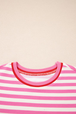 Pink Stripe Contrast Trim Short Sleeve Top Loose Shorts 2pcs Casual Outfit