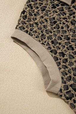 Beige Ribbed Patchwork Collar Cuffed Sleeve Leopard Plus Top