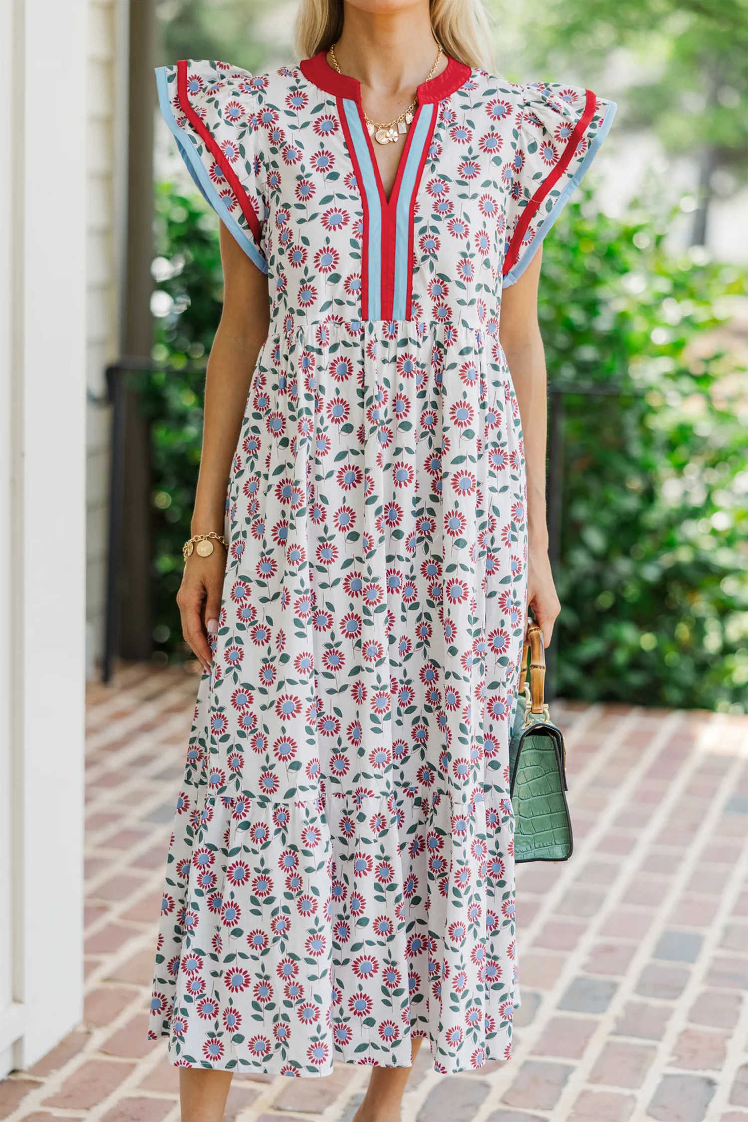 Red Cute Sunflower Printed Striped Patchwork Trim Flutter Sleeve Long Dress