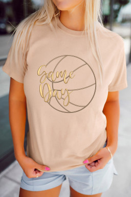 Khaki Game Day Basketball Embroidered Casual T Shirt