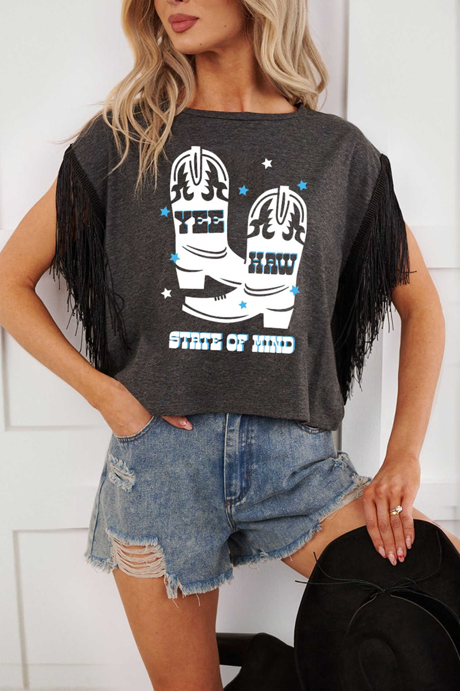 Carbon Grey YEE HAW Boots STATE OF MIND Fringed Sleeve Tee