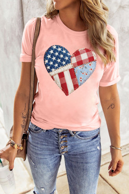 Pink Patriotic Heart DTG Faux Patchwork Printed Tee
