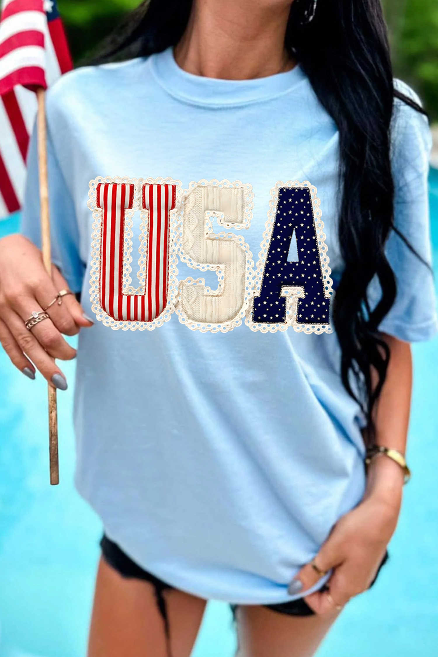 Light Blue USA Patriotic Printed T Shirt