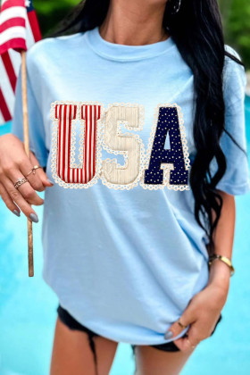 Light Blue USA Patriotic Printed T Shirt