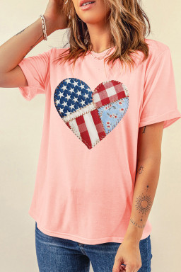Pink Patriotic Heart DTG Faux Patchwork Printed Tee