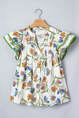 Green Floral Print Ruffle V-Neck Pressed Pleats Binding Tape Cotton Blouse