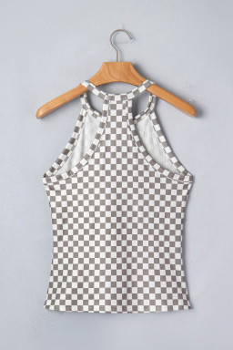 Gray Checkered Print Textured Halter Tank Top