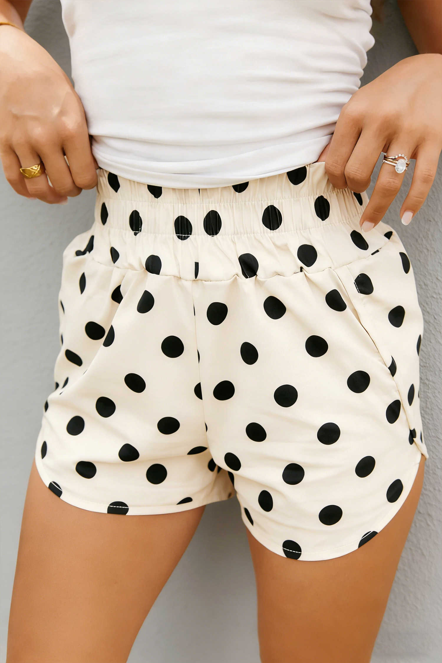 Apricot Polka Dot Print Shirred High Waist Casual Shorts