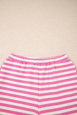 Pink Stripe Contrast Trim Short Sleeve Top Loose Shorts 2pcs Casual Outfit