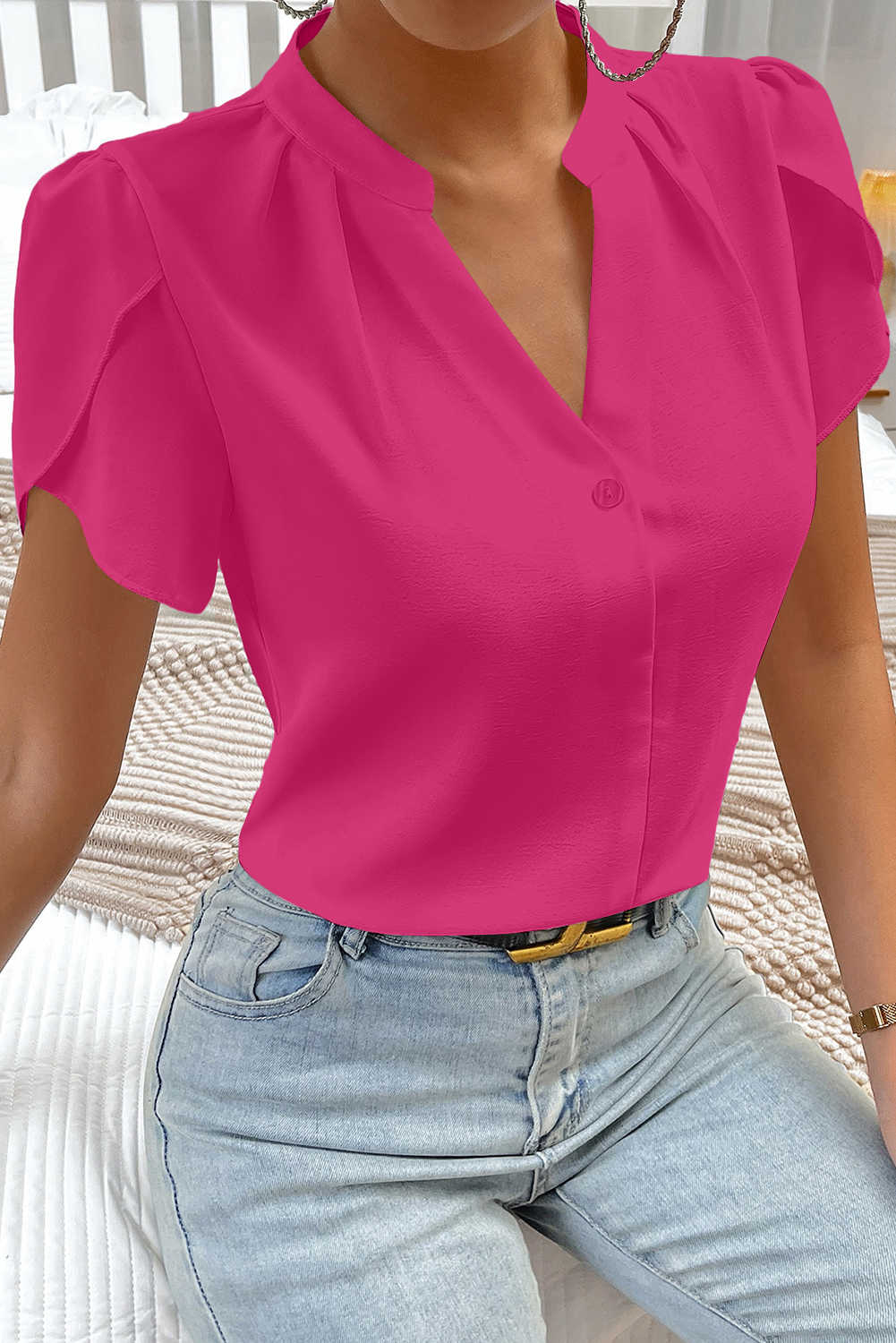 Rose Red Silky Notched Neckline Petal Sleeve Blouse
