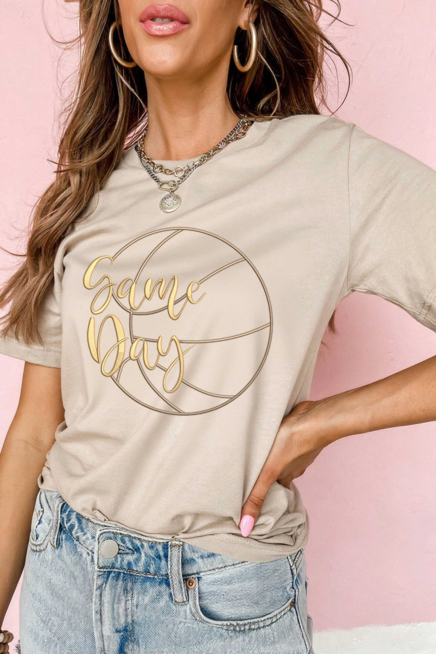 Khaki Game Day Basketball Embroidered Casual T Shirt