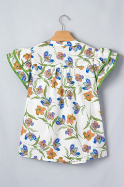 Green Floral Print Ruffle V-Neck Pressed Pleats Binding Tape Cotton Blouse