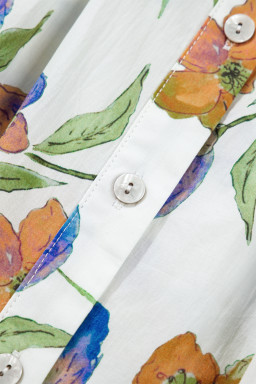 Green Floral Print Ruffle V-Neck Pressed Pleats Binding Tape Cotton Blouse