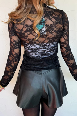 Black Sheer Floral Lace Lettuce Trim Mock Neck Long Sleeve Top